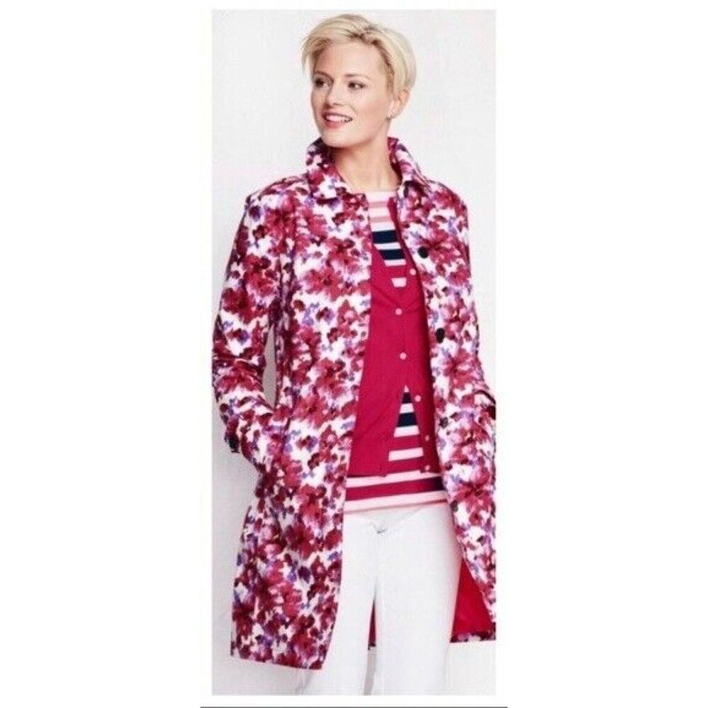 Lands' End Floral Jacket Rain Trench Coat Lined Button Up Spring